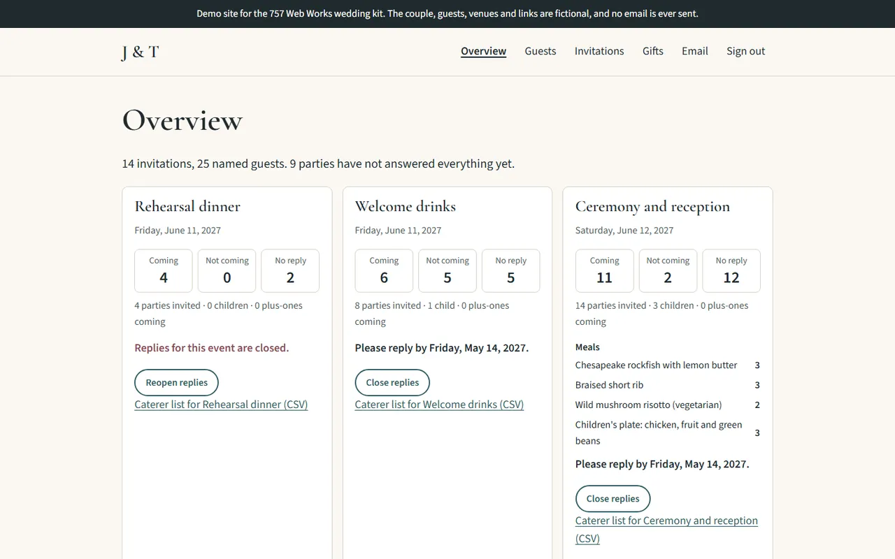 The couple's dashboard on the demo site: replies counted for the rehearsal dinner, welcome drinks and ceremony, with meal counts and caterer lists
