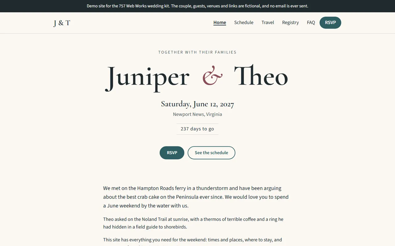 The home page of a demo wedding site for a fictional couple, Juniper and Theo, with their date and RSVP button