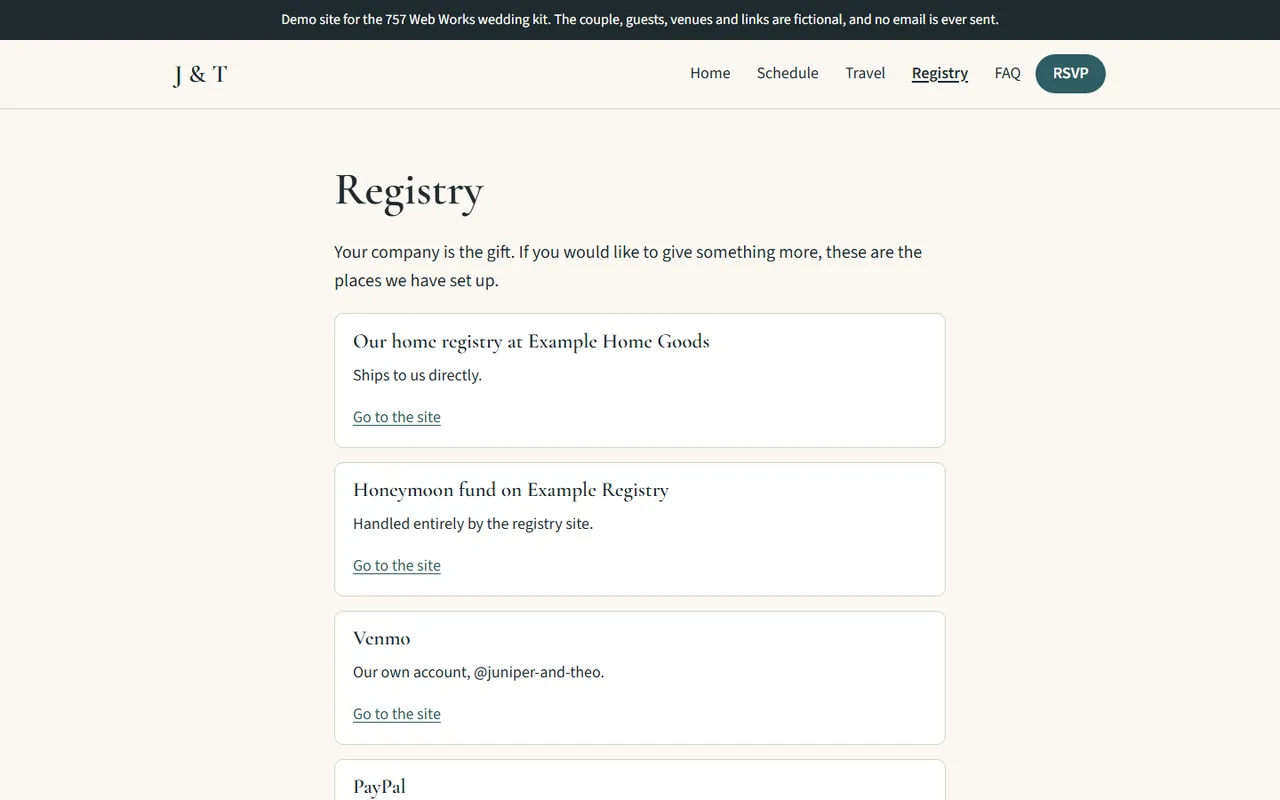 The registry page of the demo wedding site: a home registry, a honeymoon fund, and the couple's own Venmo and PayPal