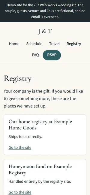 The same registry page on a phone