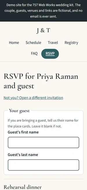 A guest's personal RSVP page on a phone, opened from the QR code on their invitation